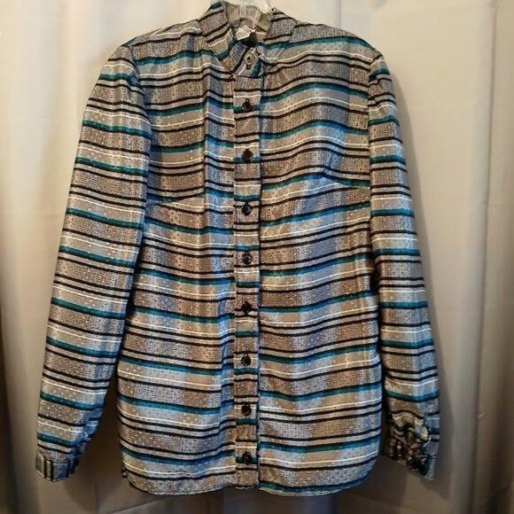 Nwt Slinky Stripe Button up Blouse Shirt womens M Gray Teal Blue Mock neck LongS - Picture 1 of 13